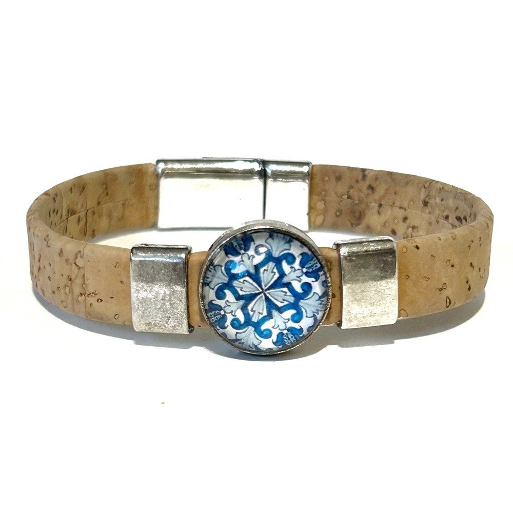 Cork Portuguese Tile Bracelet Blue Flourishes Cabochon Beige Brown Band Silver
